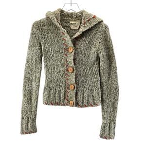 Kenji Hooded Cardigan Sweater Cropped Green White Bohemian Wool Alpaca Small XS